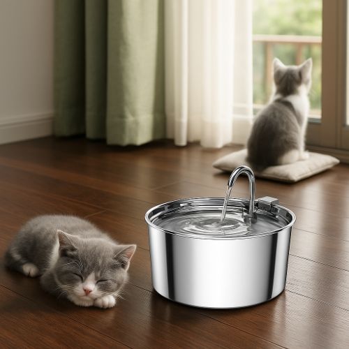 Distributeur eau chat devant la fenetre ZyfeederInox