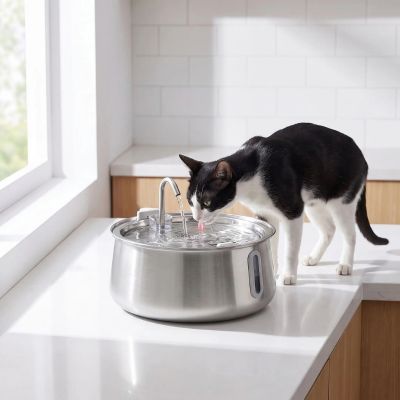 Fontaine inox chat qui boit Filtration continue