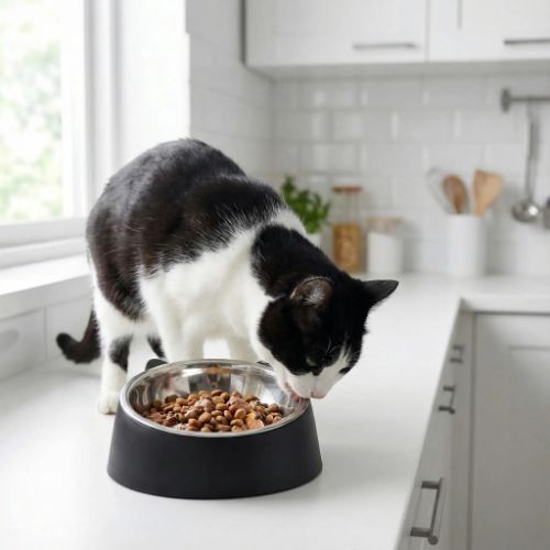 Gamelle pour chat design sur comptoir cuisine incline