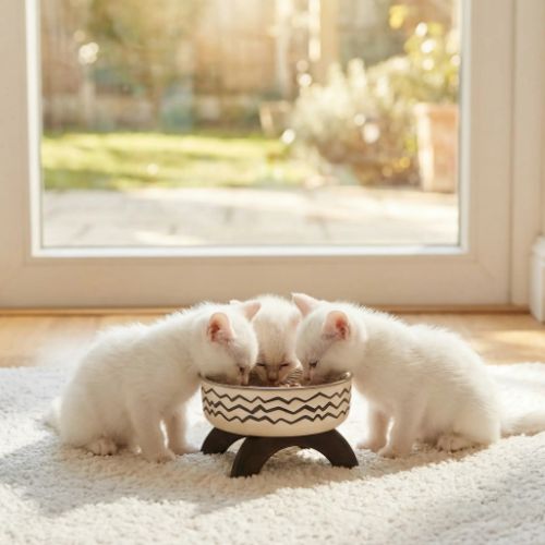 Gamelle pour chat et trois chatons blancs simple