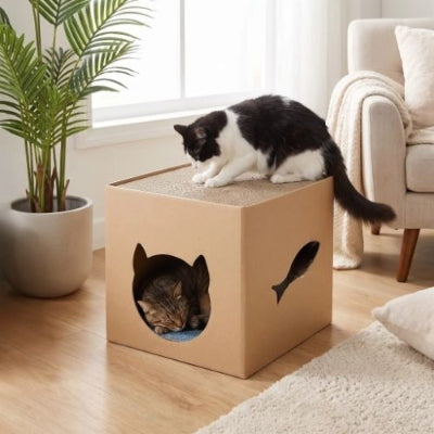 Maison en carton pour chat Cachette et griffoir PetModulableEcologique