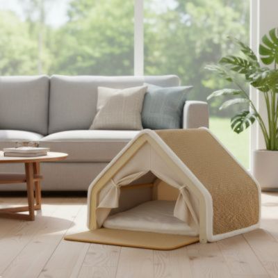 Maison pour chat Petvilla beige pres de la fenetre Lewen
