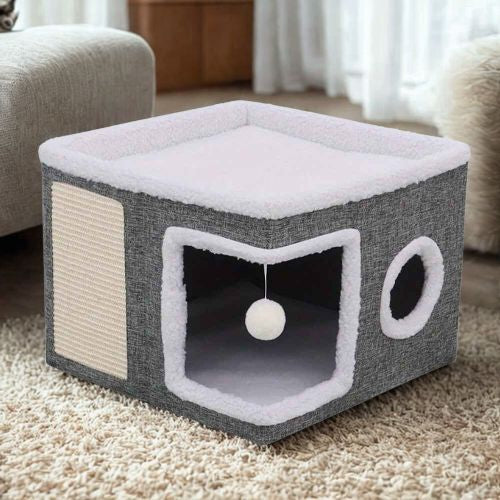 Maison pour chat griffoir deux paliers Peluche Gris