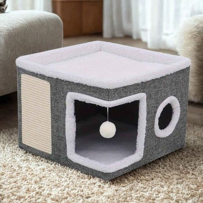 Maison pour chat griffoir deux paliers Peluche Gris