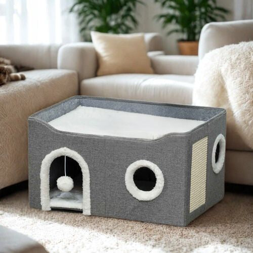 Maisonnettes pour chats sur tapis blanc PawHut