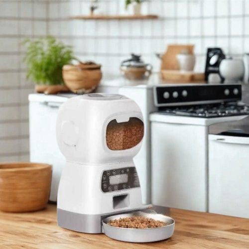 distributeur croquette chat automatique sur comptoir cuisine autofeder