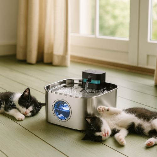 fontaine a chat dans salon avec deux chatons repetsunIntel