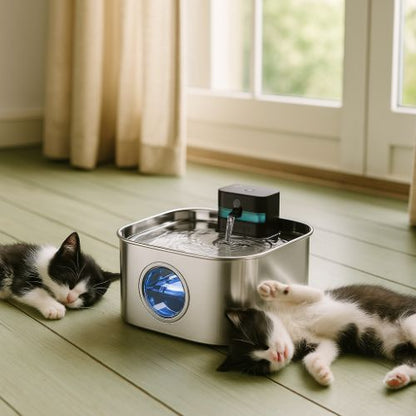 fontaine a chat dans salon avec deux chatons repetsunIntel