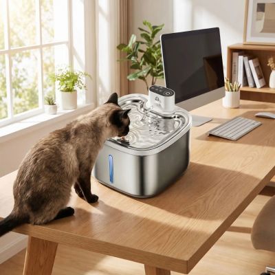 fontaine à eau chat inox dans bureau travail