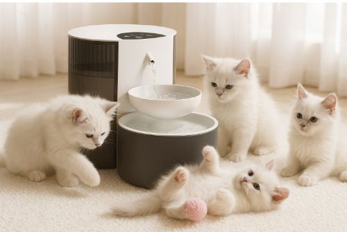 fontaine a eau pour chat avec trois chatons dumping