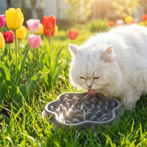 gamelle anti glouton chat dehors dans herbe huanle