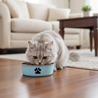 Gamelle chat bleue et chat qui mange