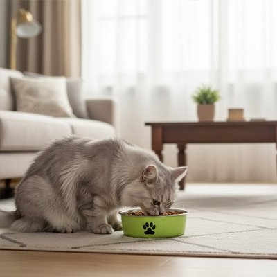 Gamelle chat qui mange dans salon