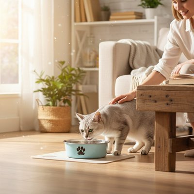 Gamelle chat qui mange devant une fenêtre