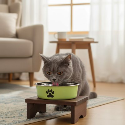 Gamelle chat sur un tabouret 
