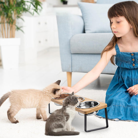 gamelle chat sureleve avec fillette et chats petravel