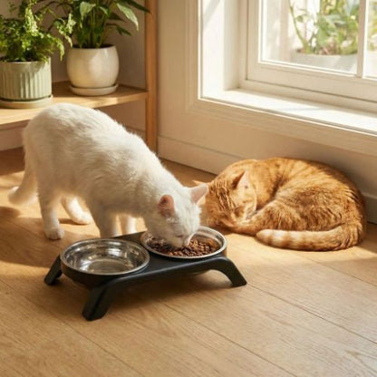 gamelle chat surelevee et deux chats quadratique