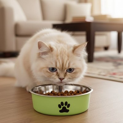 Gamelle chat verte et chat qui mange
