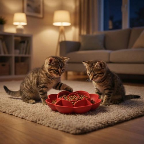 gamelles anti glouton chat et deux chatons tigres SparkPro